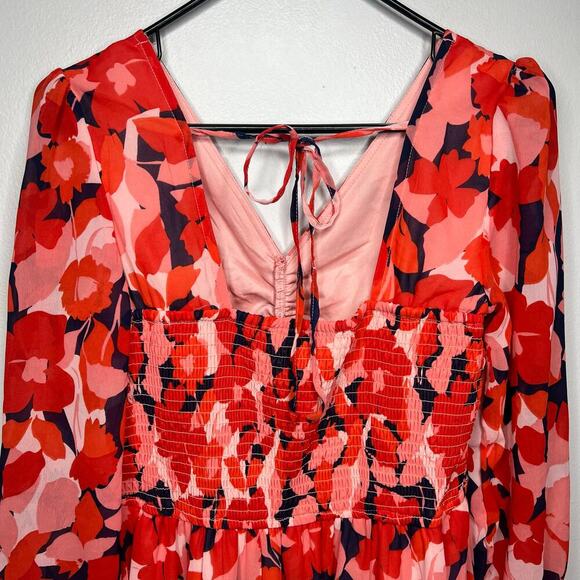 Sincerely Jules Red Floral Maxi Dress Sz M 3/4 Sleeve Smocked Back V-Neck Lined - Picture 7 of 12